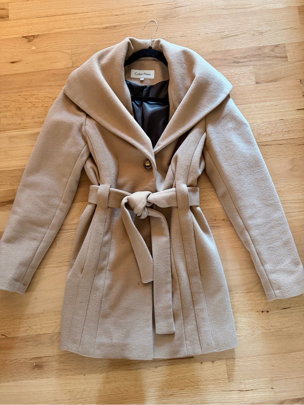 Calvin Klein Women's Shawl Collar Belted Trench Coat in Tan